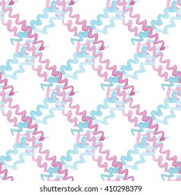 Seamless Pattern with Crossing Blue and Pink Zig Zag Lines. Vector Watercolor Illustration.
