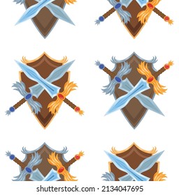 Nahtloses Muster mit kreuzenden Cartoon-Schwertern und Schildern auf weißem Hintergrund. Schutz und Festigkeit. Reiche gerissene Uniform. Vektorgrafik mit Gold- und Silberwaffe für Tapeten und Spiele