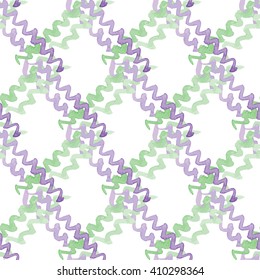 Seamless Pattern with Crossing Green and Purple Zig Zag Lines. Vector Watercolor Illustration.
