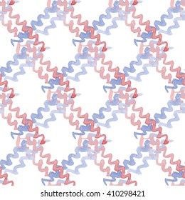 Seamless Pattern with Crossing Purple and Red Zig Zag Lines. Vector Watercolor Illustration.