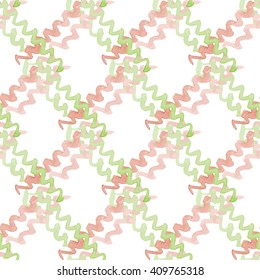 Seamless Pattern with Crossing Red and Green Zig Zag Lines. Vector Watercolor Illustration.