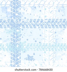 Seamless pattern with crossing tire track on snow background. Vector