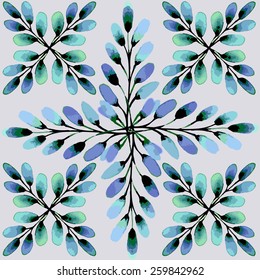 Seamless pattern. The cross-shaped beam of willow buds. Blue background, cold colors.