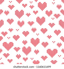 Seamless pattern with cross-stitch hearts on white background. Embroidery style. Art vector illustration.