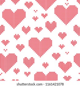 Seamless pattern with cross-stitch hearts on white background. Embroidery style. Art vector illustration.