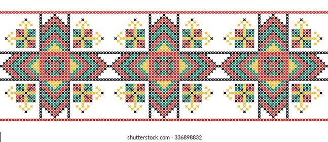Seamless pattern. The cross-stitch. Yellow, red, green, and black colors. Crafts and Hobbies. Design for frame, borders, fabric, clothing. Vector illustration.