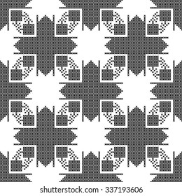 Seamless pattern. The cross-stitch. Yellow, red, green, and black colors. Crafts and Hobbies. Black and white background. Symmetrical repetition. Vector illustration.