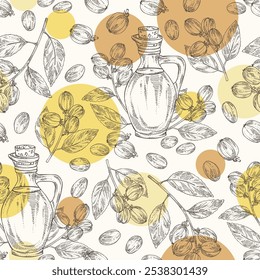 Seamless pattern with croton: croton tiglium fruits and bottle of croton oil. Vector hand drawn illustration
