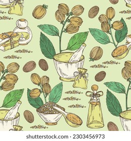 Patrón sin foco con croton tiglium: croton tiglium, hojas y croton tiglium fruits. Aceite, jabón y sal de baño. Cosméticos y plantas médicas. Ilustración dibujada a mano por el vector