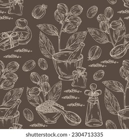 Seamless pattern with croton tiglium: croton tiglium plant, leaves and croton tiglium fruits. Oil, soap and bath salt . Cosmetics and medical plant. Vector hand drawn illustration