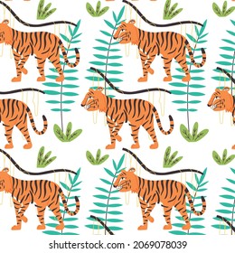 Seamless pattern of a crouching tiger in the jungle. Wild Cat predator orange and black vector modern flat style background