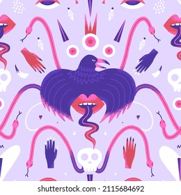 Seamless Pattern With Crow, Snakes, Eyes, Hands, Skulls. Contemporary Art. Mystical Vector Illustration In Pink And Purple Colors. Unique Style. Wallpaper, Wrapping Paper, Textile