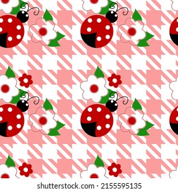 seamless pattern with crowbars elements and red ladybugs and flowers. Cute pattern for girls fashion, dresses, fabrics, textiles and home decor. Lovely design is great for wallpapers, wrapping papers