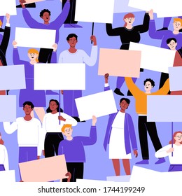 Seamless pattern. A crowd of activists protesting with blank cardboards. Different people on a working strike holding posters. Flat vector illustration