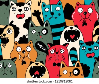 Padrão sem emenda com multidão de gatos em cores diferentes. Ilustração vetorial de animais selvagens e domésticos.