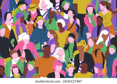Seamless pattern with crowd of different people, men and women. Diversity concept. Pedestrians at rush hour walking. Vector illustration.