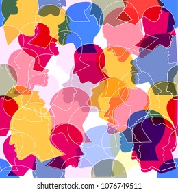 Seamless pattern of a crowd of many different people profile heads. Vector background.