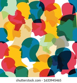 Seamless pattern of a crowd of many different people profile heads. Vector background.