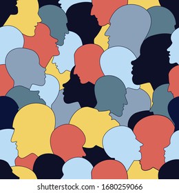 Seamless pattern of a crowd of many different people profile heads from diverse ethnic. Vector background.