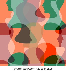 Seamless pattern of a crowd of many different people profile heads. Vector background.