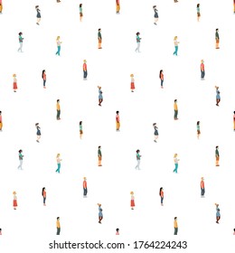 Seamless pattern crowd of masked men and women walk on a safe social distance, African Americans and Europeans.