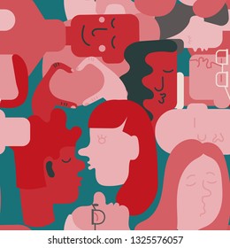 Seamless pattern crowd of people heads kissing. Flat vector illustration, concept for wrapping paper, backgroud, backdrop, desktop,web,  fabric, textile