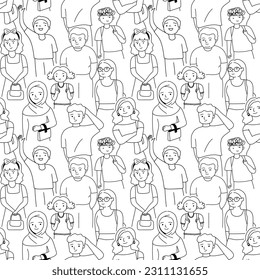Seamless pattern with crowd of people, outline doodle cartoon style.