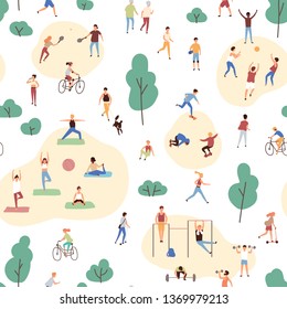 Seamless pattern with crowd of people performing healthy activities and playing sports games in park. Backdrop with outdoor fitness or aerobics workout. Flat cartoon vector illustration for wallpaper.