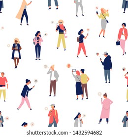 Seamless pattern with crowd of people using smartphones or mobile phones with messengers. Backdrop with young men and women sending and receiving digital messages. Flat cartoon vector illustration.