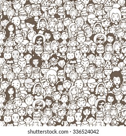 Seamless Pattern Of Crowd Of People. Vector Illustration Of Hand Drawn People Faces