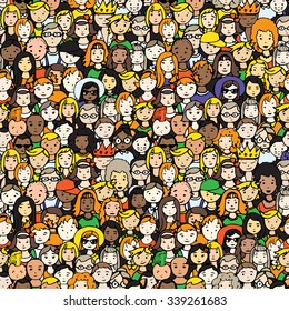 seamless pattern of crowd of people. vector illustration of hand drawn people faces