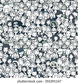 Seamless Pattern Of Crowd Of People. Vector Illustration Of Hand Drawn People Faces