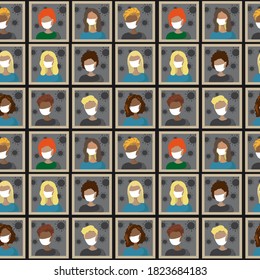 Seamless pattern crowd of people wearing masks from coronavirus