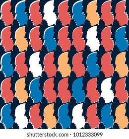 Seamless pattern of a crowd of profile people heads.  Vector.