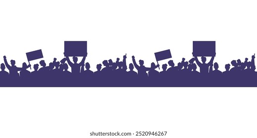 Seamless pattern with crowd silhouettes holding banners and shields, expressing protest energy