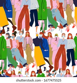Seamless pattern with crowd wearing protective face mask. Latest trend news, fashion bloggers post. Flat cartoon illustration on white background. Vector illustration.