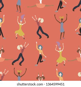 Seamless pattern with crowd of women doing sport, dancing, running. Girls dressed in trendy clothes. Outdoor activities on city street. Female characters. Vector illustration in flat cartoon style