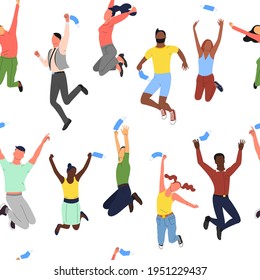 Seamless Pattern With Crowd Of Young Happy Multinational Diverse People In Jumping Poses Throwing Up Face Masks. Quarantine And Pandemic Of Covid 19 Is Over. Back To Normal. On White Background