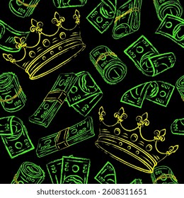 Seamless pattern with crown, cash money, flying, falling100 dollar notes. Bright glowing neon colors. Outline contour illustration. Virtual surreal background.