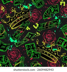 Seamless pattern with crown, cash money, flying, falling 100 dollar notes, roses. Bright glowing neon colors. Outline contour illustrations. Grunge style.