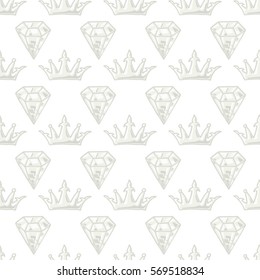 Seamless pattern of crown with diamonds and gems on white background, vector illustration