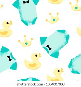 Nahtloses Muster mit Kronen, Enten und Karosseriebar in blau grüner Farbe für Junge. Hintergrund für Design-Baby-Dusche Feiern. Vektorgrafik