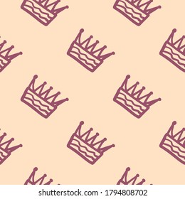 Seamless pattern with crown elements. Outline ornament with purple contour on light background. Minimalistic style. Designed for wallpaper, textile, wrapping paper, fabric print. Vector illustration.