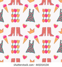 Seamless pattern with crown, heart, boots, dress, flowers. Vector illustration.