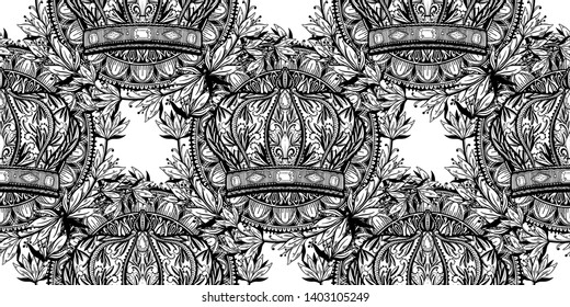 Seamless pattern crown king and queen elegant drawing art. Black color in white background. Vector illustration.