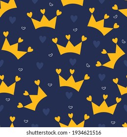 Seamless Pattern Crown And Little Hearts. Vector Illustration