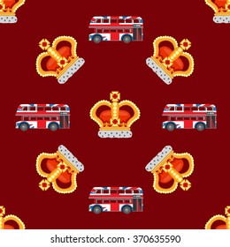 Seamless pattern with crown monarch and English double-decker bus to the noble burgundy background.