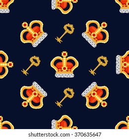 Seamless pattern with crown monarch and a golden key to the noble dark blue background.