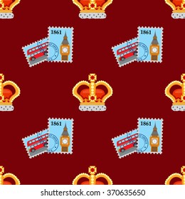 Seamless pattern with crown monarch and stamps.