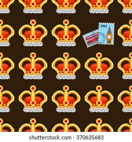 Seamless pattern with crown monarch and stamps.